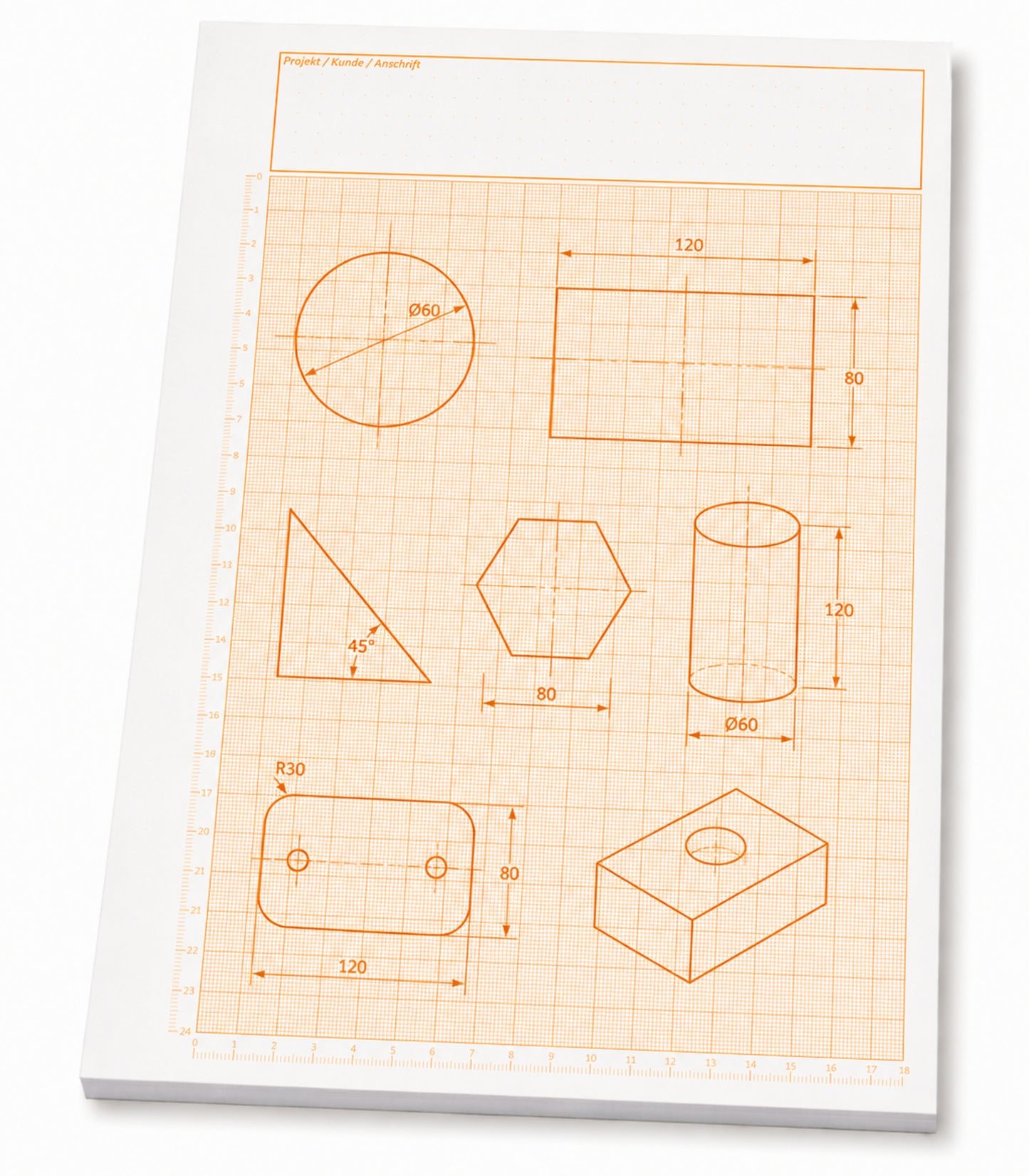 Millimeterpapier, Aufmassblock, DIN A4, 80 g/m2, 50 Blatt, 1 mm Raster, orange mit Lineal(23750)