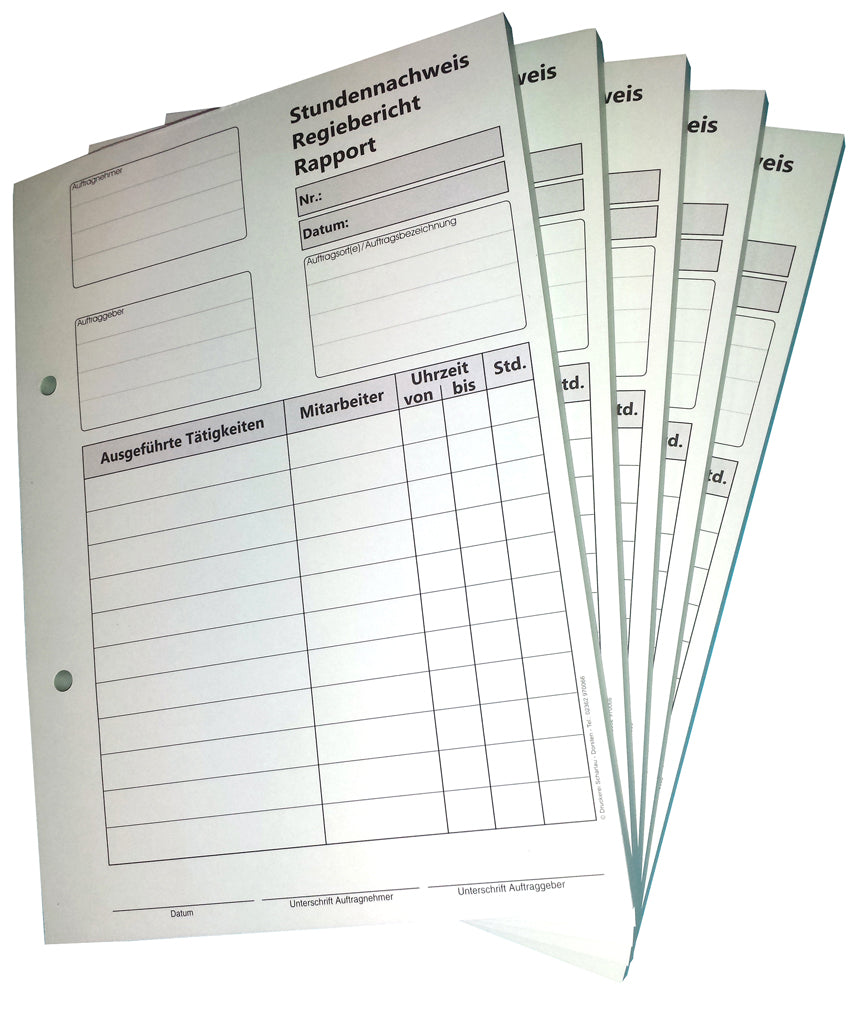 Block Stundennachweis-Regiebericht - Rapport DIN A5, 2-fach selbstdurchschreibend,2x50 Blatt weiß/grün - gelocht (22432)