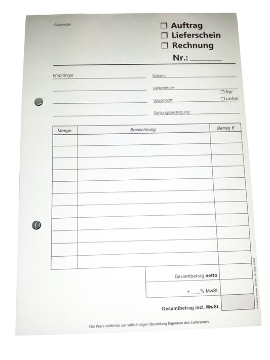 Kombiformular-Auftrag - Lieferschein - Rechnung DIN A5, 3-fach selbstdurchschreibend, 3x30 Blatt weiß/grün - gelocht (22519)