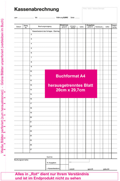 Kassenabrechnung Kassenbuch A4 2x50 Blatt SELBSTDURCHSCHREIBEND