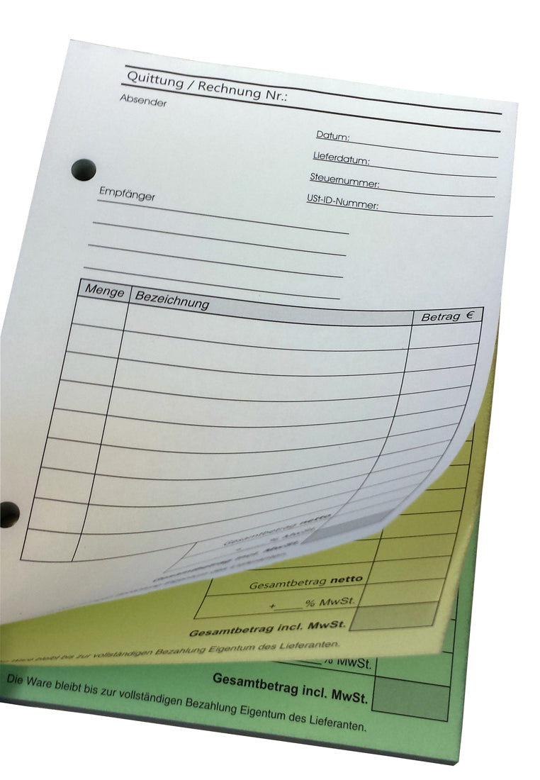 Block Rechnung/Quittung - Quittungsblock - 3 x 30 Blatt DIN A6 hoch - gelocht - SD -durchschreibend (22503)