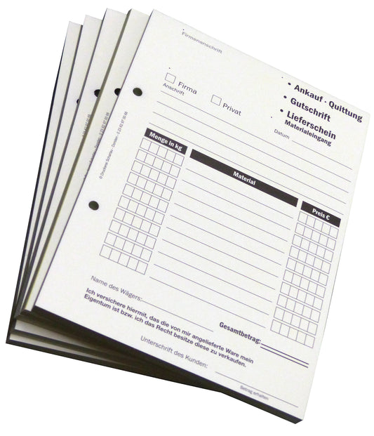 Ankaufquittung - Gutschrift - Materialeingang DIN A5, 1-fach NICHT durchschreibend,100 Blatt weiß Offset 80g/m² - gelocht (22609)