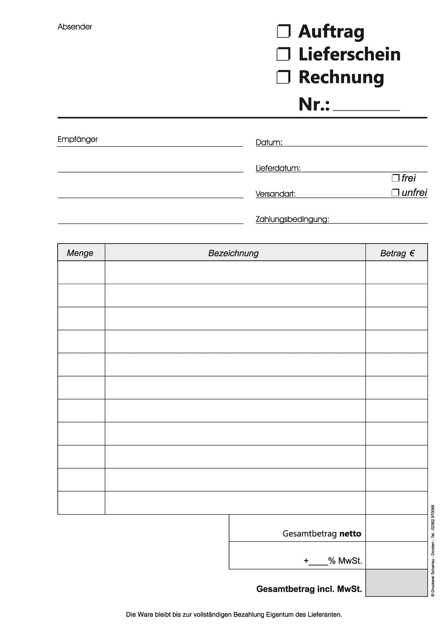 Kombiformular-Auftrag - Lieferschein - Rechnung DIN A5, 2-fach selbstdurchschreibend,2x50 Blatt weiß/grün - gelocht (22433)