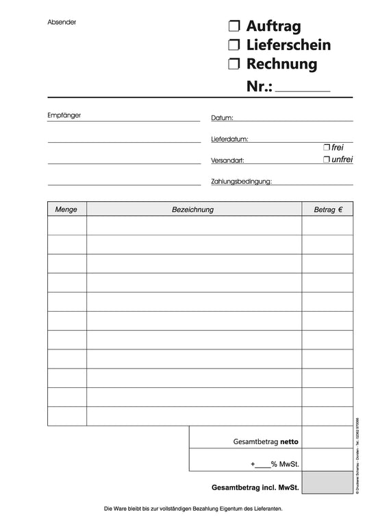 Kombiformular-Auftrag - Lieferschein - Rechnung DIN A5, 2-fach selbstdurchschreibend,2x50 Blatt weiß/grün - gelocht (22433)