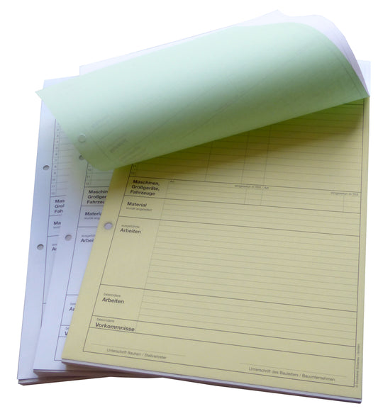 Bau-Tagesbericht, Baubericht DIN A4, 3-fach selbstdurchschreibend, 3x30 Blatt weiß/grün/gelb - gelocht (22205)