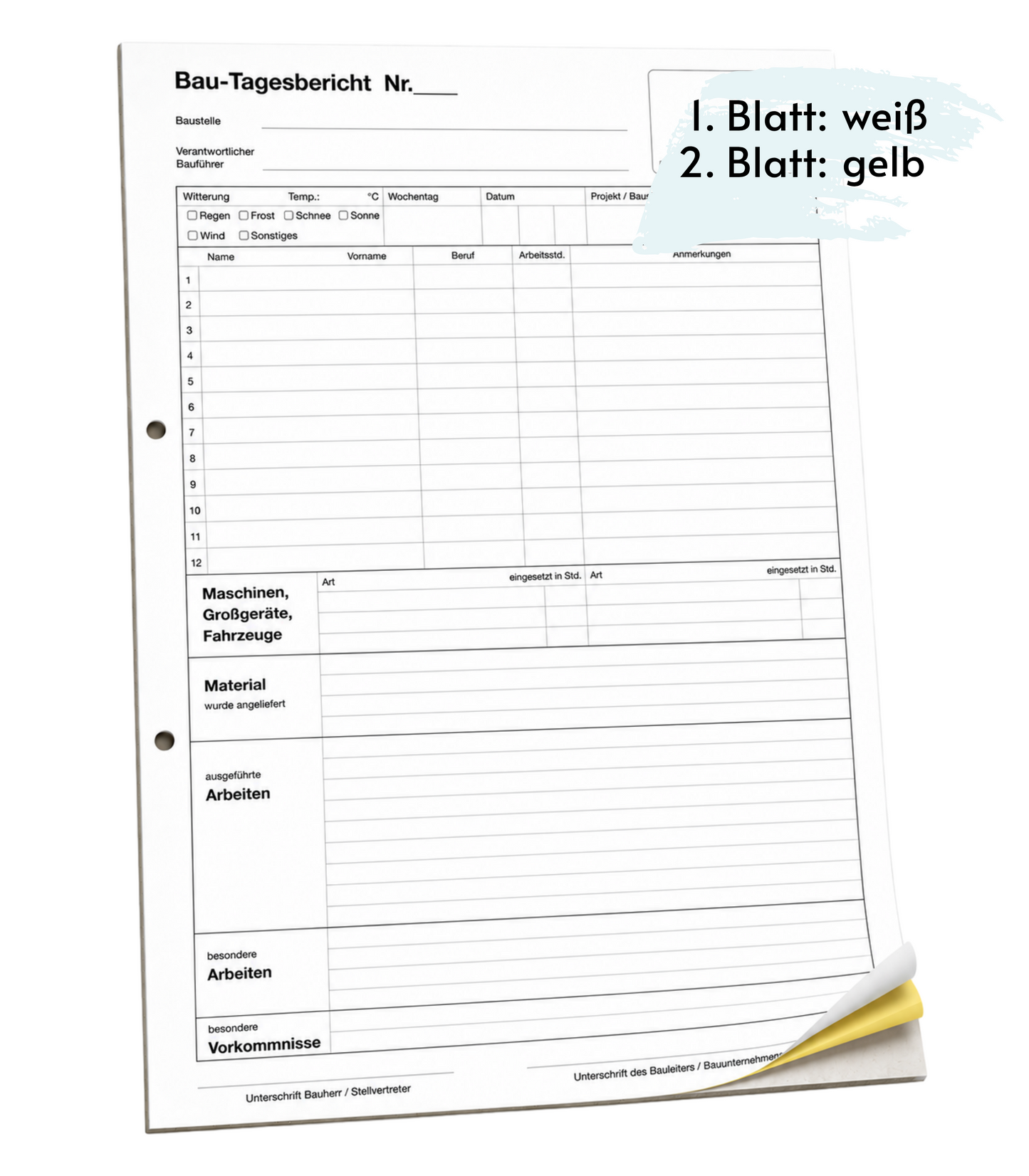 Block Bautagesbericht Baubericht 2 - fach selbstdurchschreibend A4 (22235)