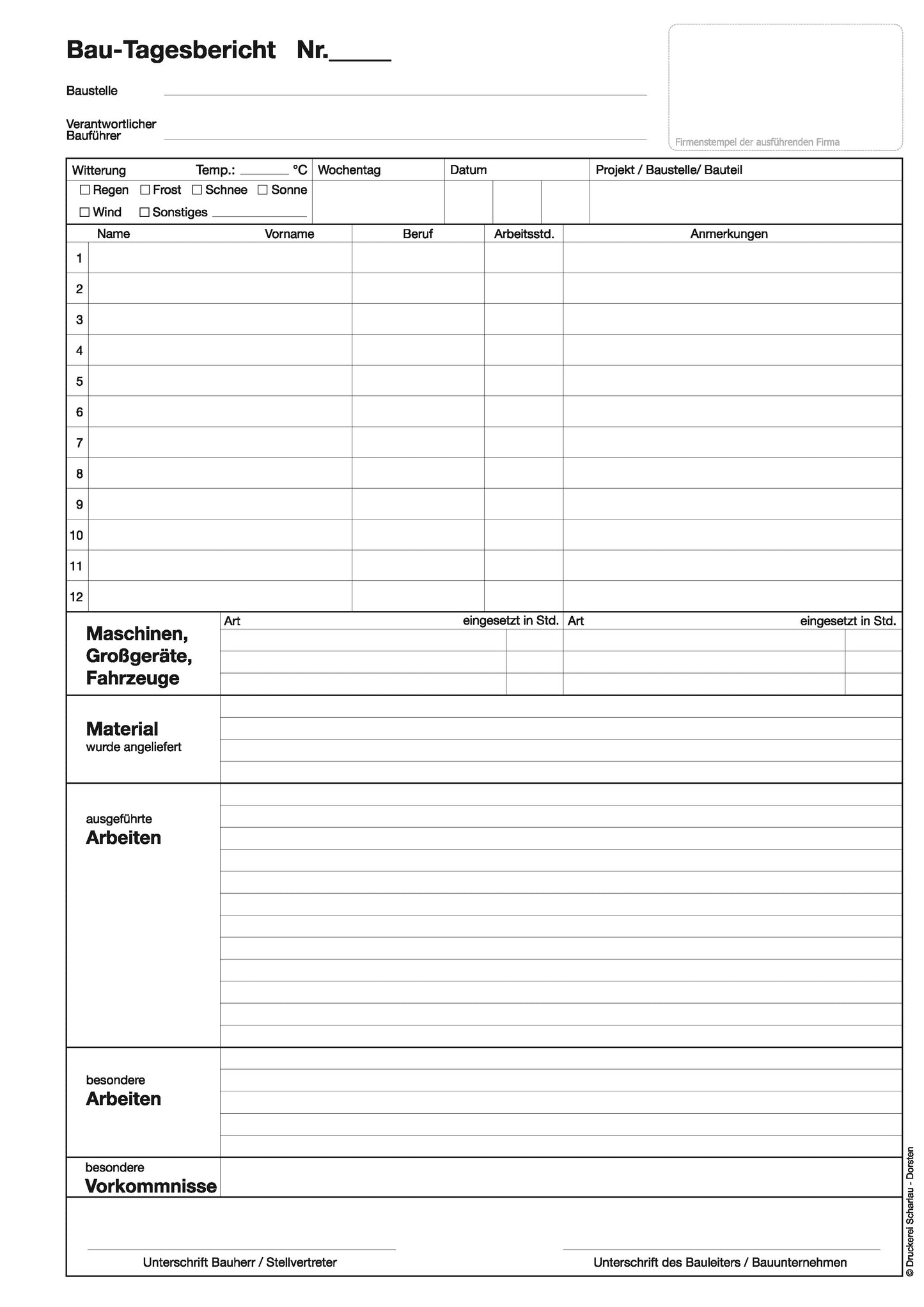 Bau-Tagesbericht, Baubericht DIN A4, 3-fach selbstdurchschreibend, 3x30 Blatt weiß/grün/gelb - gelocht (22205)