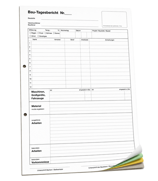 Bau-Tagesbericht, Baubericht DIN A4, 3-fach selbstdurchschreibend, 3x30 Blatt weiß/grün/gelb - gelocht (22205)