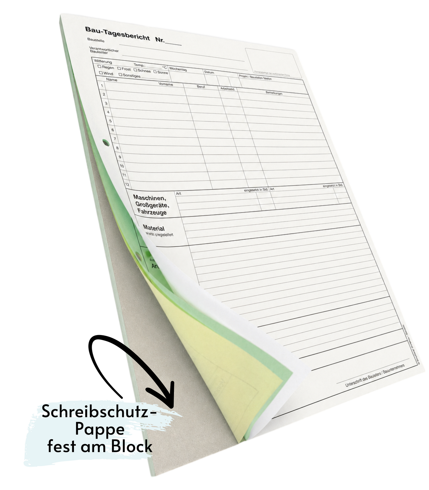 Bau-Tagesbericht, Baubericht DIN A4, 3-fach selbstdurchschreibend, 3x30 Blatt weiß/grün/gelb - gelocht (22205)