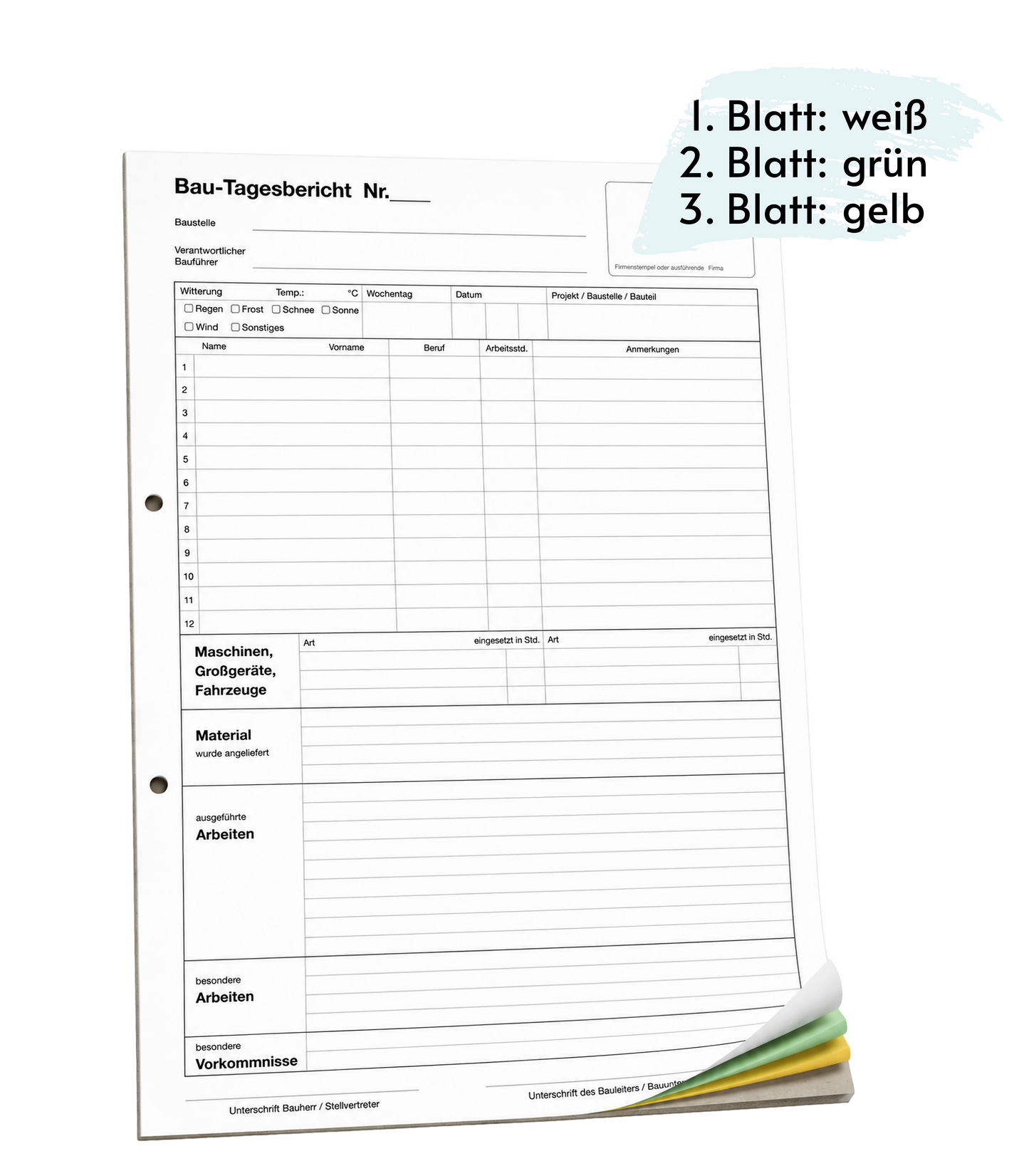 Bau-Tagesbericht, Baubericht DIN A4, 3-fach selbstdurchschreibend, 3x30 Blatt weiß/grün/gelb - gelocht (22205)