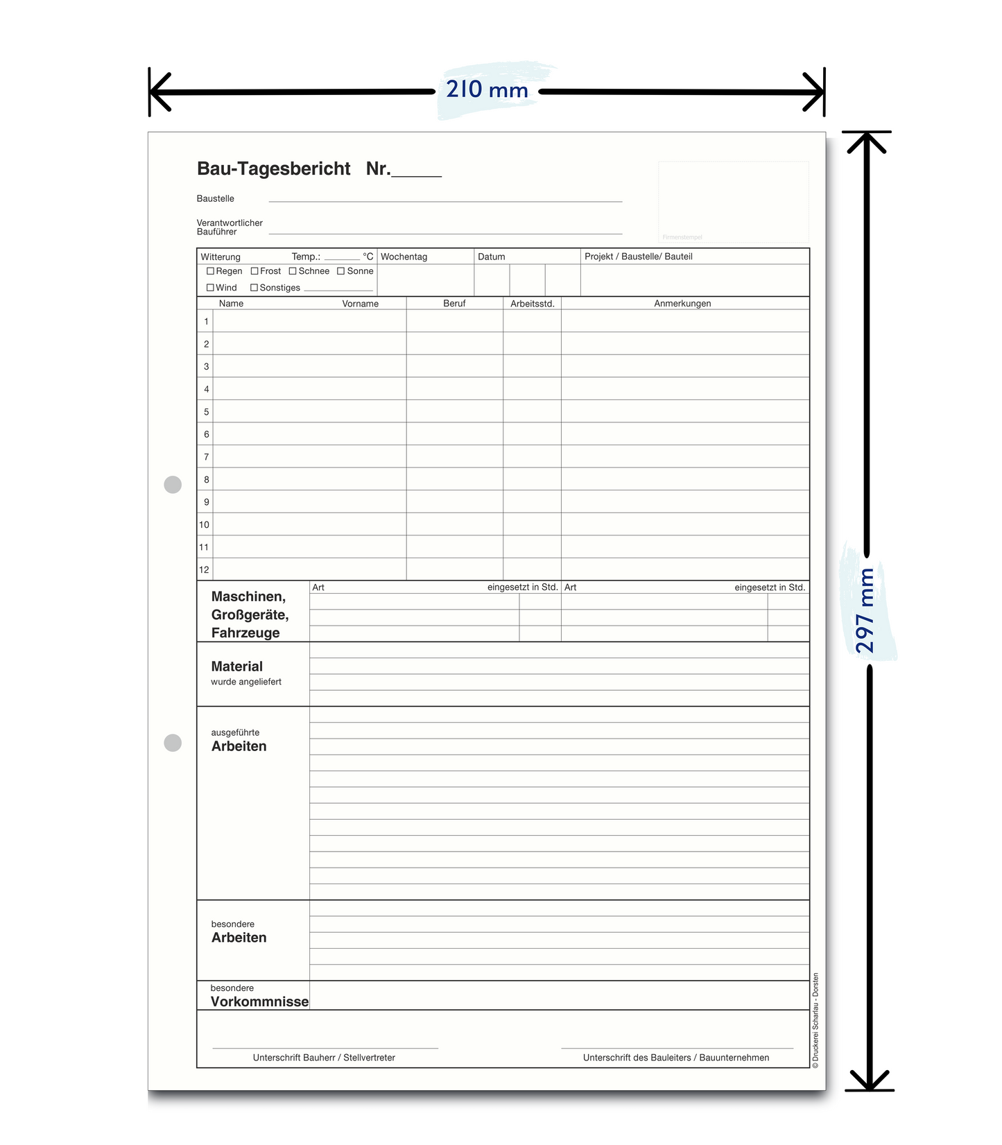 Bau-Tagesbericht, Baubericht DIN A4, 3-fach selbstdurchschreibend, 3x30 Blatt weiß/grün/gelb - gelocht (22205)