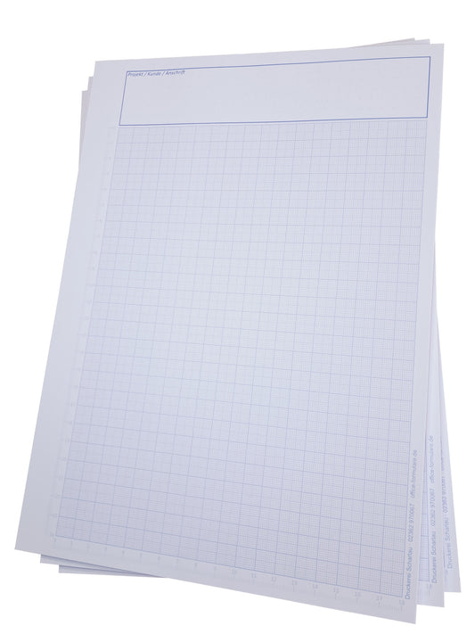 Millimeterpapier, Millimeterpapierblock, Aufmassblock, DIN A4, 80 g/m2, 50 Blatt, 1 mm Raster in hellblau, mit gedruckten Linealen links und unten, Anschriftenfeld oberhalb des Rasters