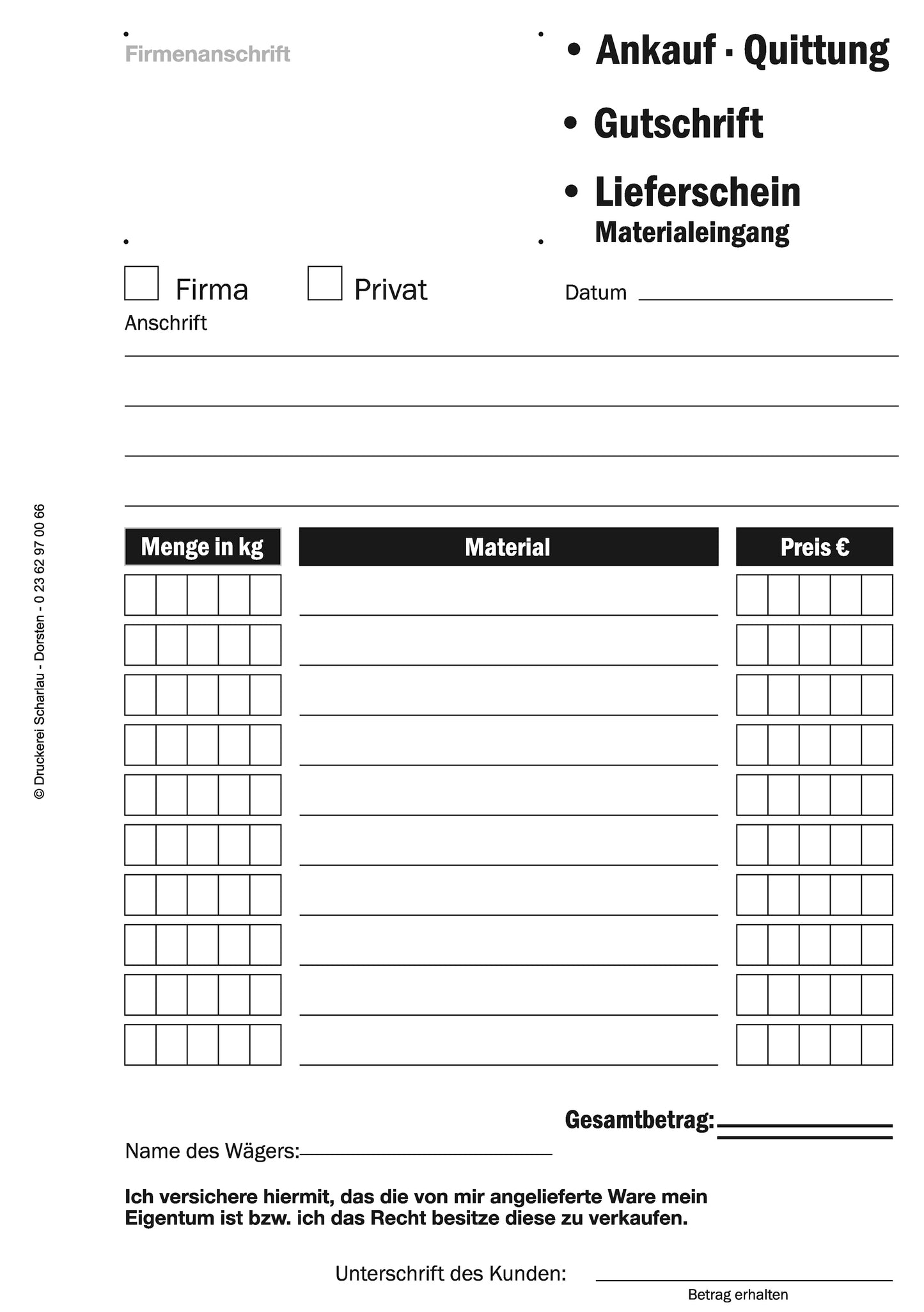 Ankaufquittung - Gutschrift - Materialeingang DIN A5, 3-fach selbstdurchschreibend,3x30 Blatt weiß/gelb/grün - gelocht (22736)