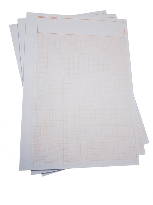 Millimeterpapier, Millimeterpapierblock, Aufmassblock, DIN A4, 80 g/m2, 50 Blatt, 1 mm Raster in orange, mit gedruckten Linealen links und unten, Anschriftenfeld oberhalb des Rasters