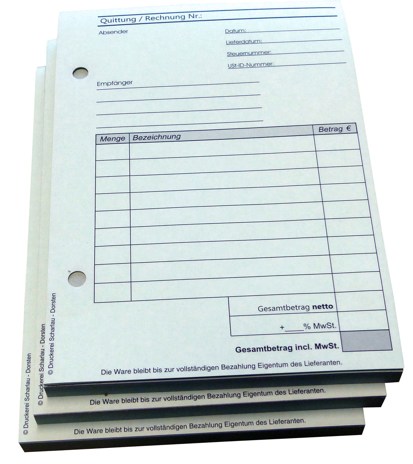 Block Rechnung / Quittung - Quittungsblock - 2 x 50 Blatt DIN A6 hoch - gelocht - SD -durchschreibend (22234)