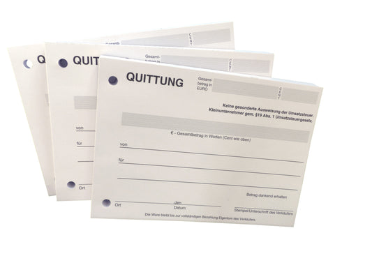 Block Quittung - Quittungsblock für Kleinunternehmer (§19) - 100 Blatt DIN A6 - gelocht - NICHT durchschreibend (22426)