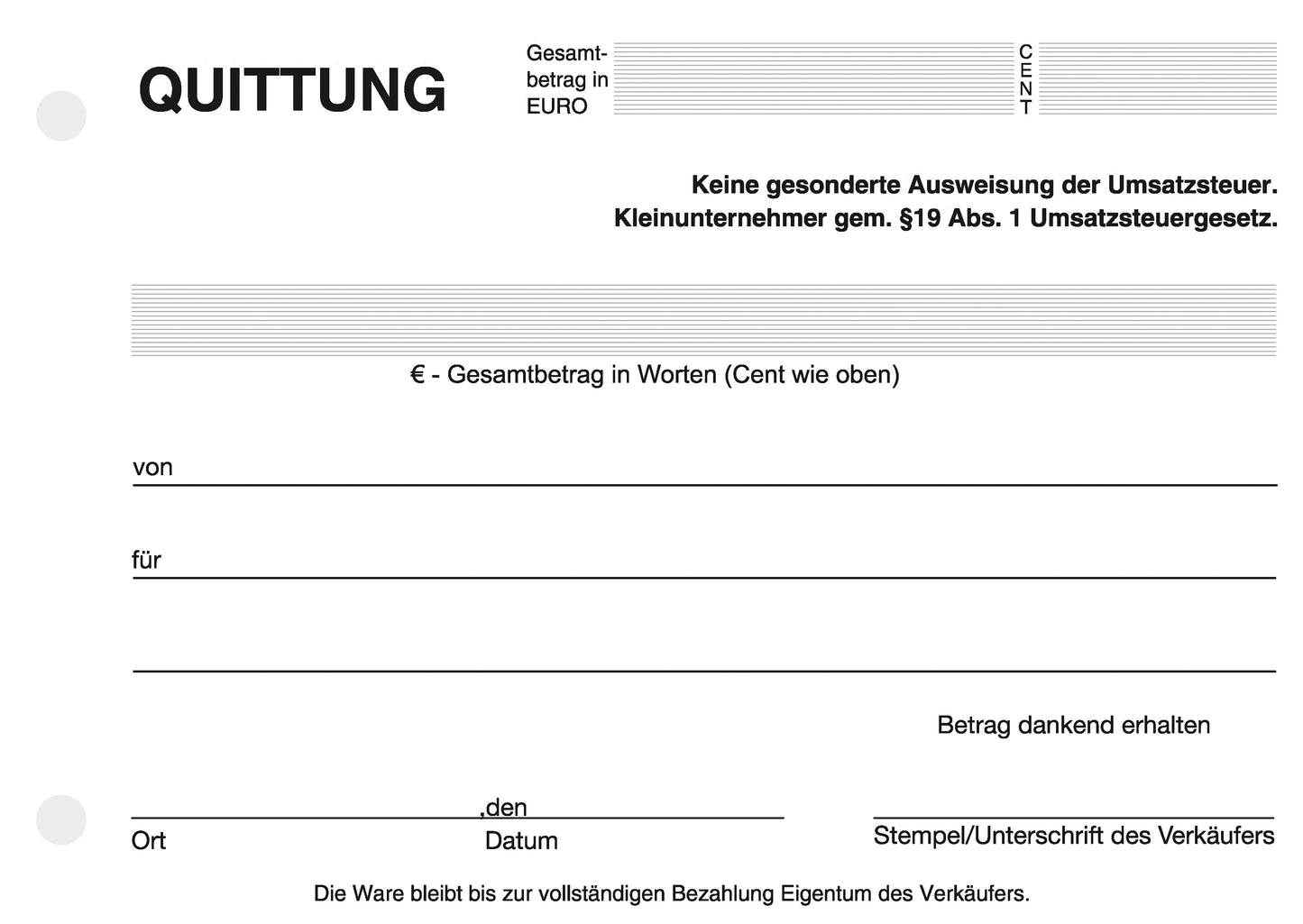 Block Quittung - Quittungsblock für Kleinunternehmer (§19) - 2 x 50 Blatt DIN A6 - gelocht - SD -durchschreibend (22427)