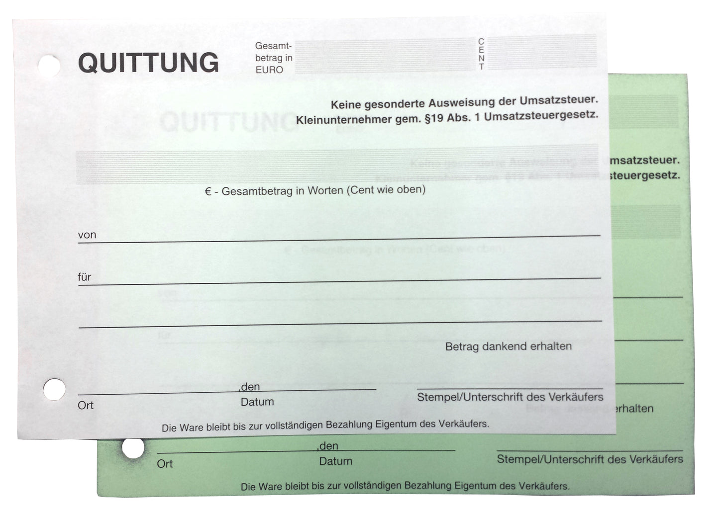 Block Quittung - Quittungsblock für Kleinunternehmer (§19) - 2 x 50 Blatt DIN A6 - gelocht - SD -durchschreibend (22427)