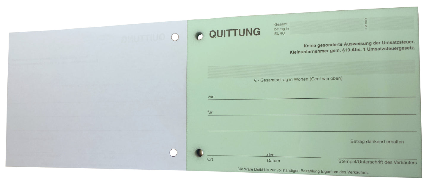 Block Quittung - Quittungsblock für Kleinunternehmer (§19) - 2 x 50 Blatt DIN A6 - gelocht - SD -durchschreibend (22427)