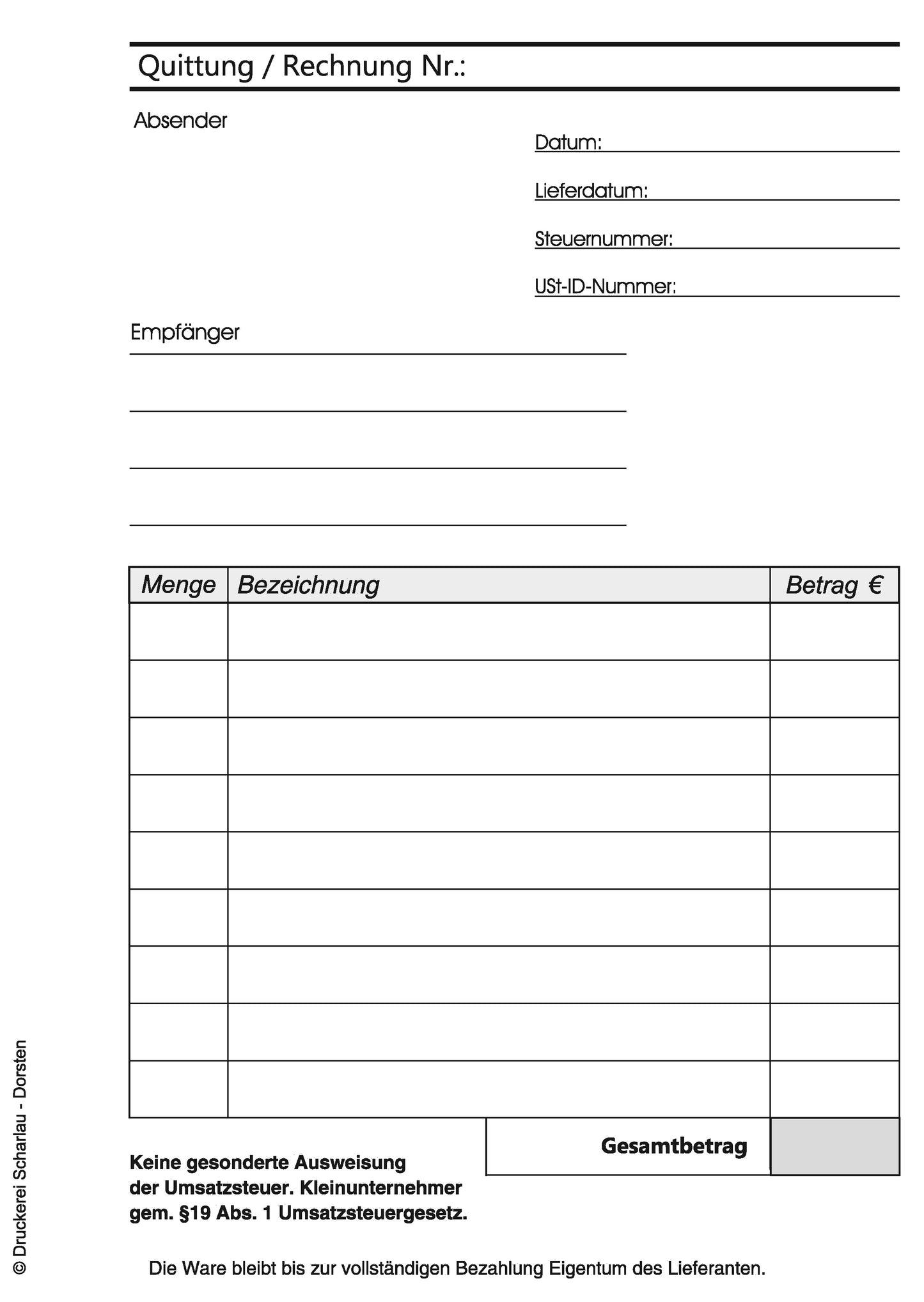 Block Quittung für Kleinunternehmer nach §19 - Quittungsblock - 100 Blatt DIN A6 Hochformat - gelocht - (22421)