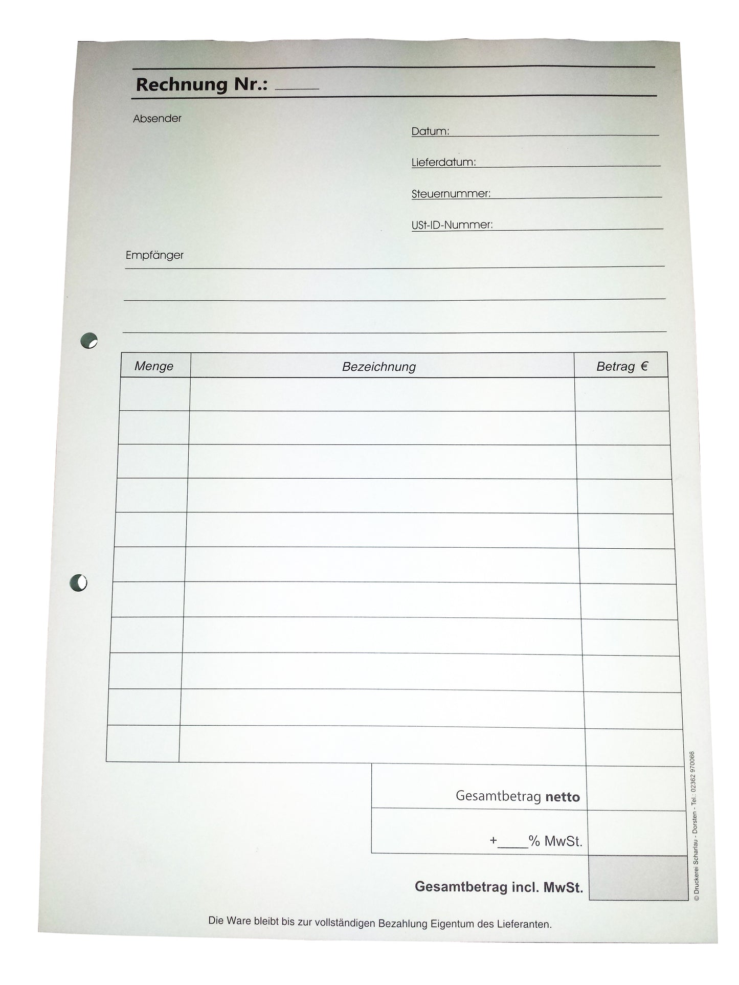 Rechnungsblock Block Rechnung DIN A4, 3-fach selbstdurchschreibend, 3x30 Blatt weiß/gelb/grün - gelocht (22515)