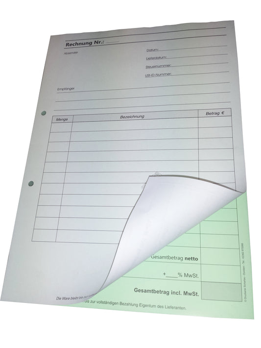 Rechnungsblock Block Rechnung DIN A4, 2-fach selbstdurchschreibend,2x50 Blatt weiß/grün - gelocht (22423)