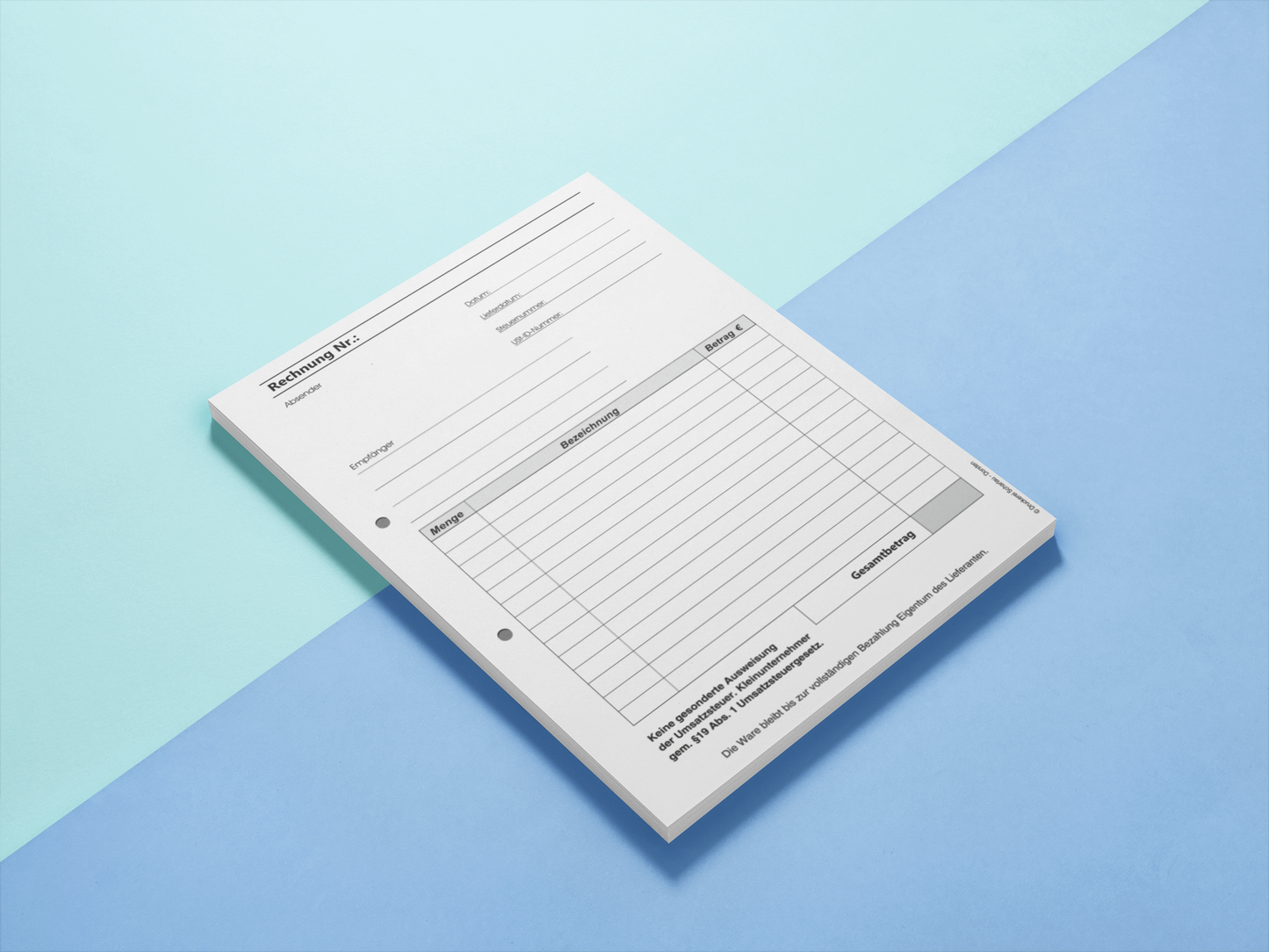 Block Rechnung Kleinunternehmer §19 DIN A4, 2-fach selbstdurchschreibend,2x50 Blatt weiß/grün - gelocht (22635)