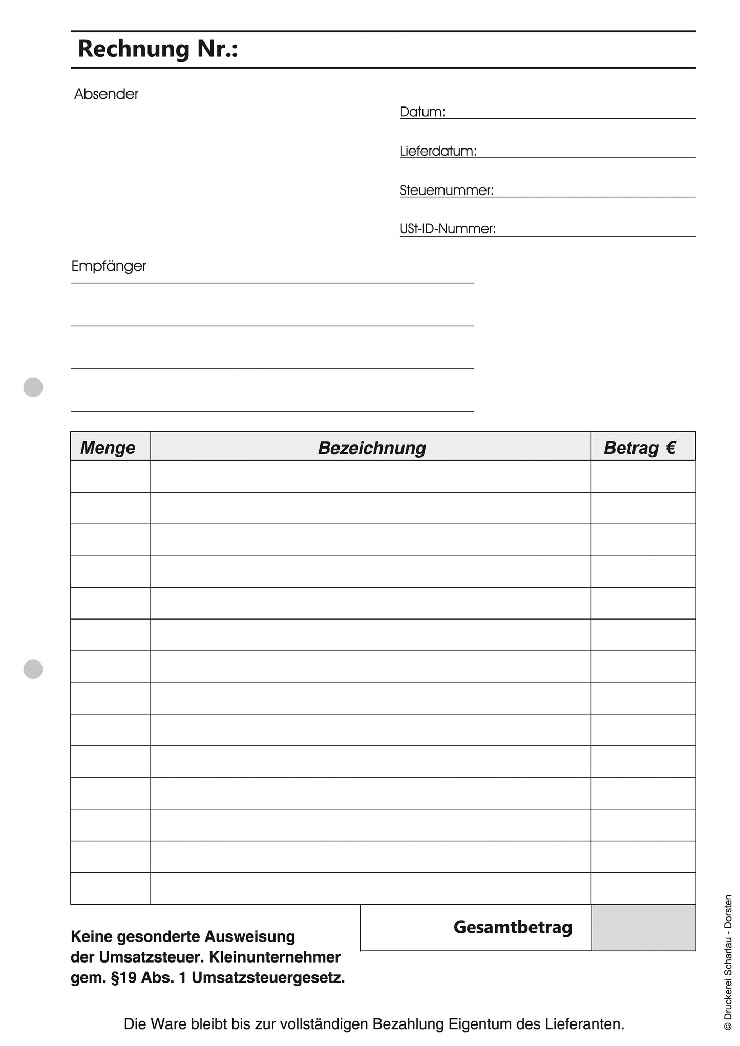 Rechnungsblock Block Rechnung Kleinunternehmer nach § 19 DIN A5, 2-fach selbstdurchschreibend 2x50 Blatt - gelocht (22435)